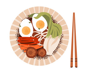 Ramen bowl with chopsticks and steam in flat vector style. Traditional Japanese soup with noodles, egg, and broth.