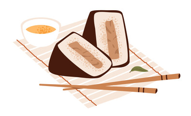 Onigiri in flat vector style. A simple Japanese rice snack wrapped in seaweed. Japanese onigiri with rice and nori.