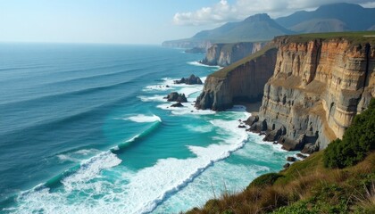 Dramatic cliffs meet the turquoise ocean in a stunning coastal vista under a clear sky horizon.