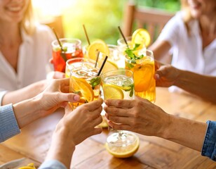Fototapeta premium Friends toast with assorted drinks, hands raised in cheer, warm indoor setting, casual and festive vibe.