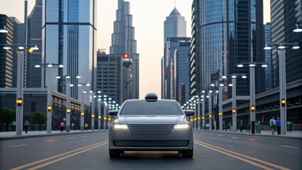 Naklejka premium A modern self-driving car travels on an empty city street surrounded by tall glass skyscrapers at dusk.