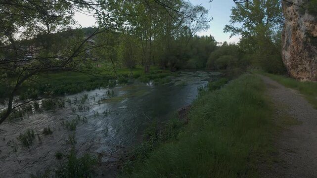 River flowing through lush green vegetation and trees along a gravel path
