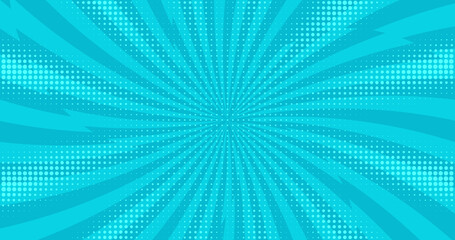 Abstract blue green turquoise  halftone comic book pattern. Cartoon speed dynamic lines. Children design style. Dynamic retro pop art texture. Moving on round. Sunny summer kid funny banner. Flash BG