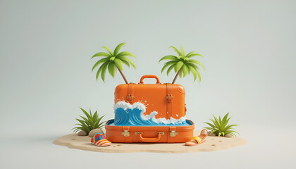Obraz premium 3D illustration of a summer travel concept featuring an orange suitcase transformed into a tropical island with palm trees, beach umbrella, lifebuoy, and clear sea — perfect vacation imagery.