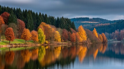 Fototapeta premium forest lake with floating autumn leaves and vivid reflections in calm, golden light