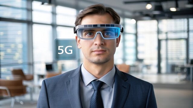 A businessman wearing smart AR glasses in a modern office, with a floating "5G" icon indicating advanced technology and connectivity. - Powered by Adobe