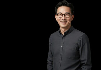 Obraz premium Smiling asian man wearing glasses and a dark shirt on black background