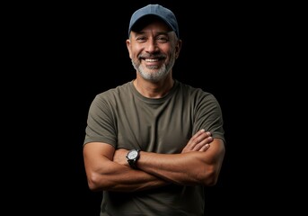 Smiling middle aged man with beard and cap isolated on black background