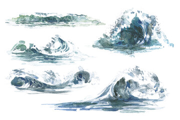 Watercolor brush painting of separate turquoise wave elements