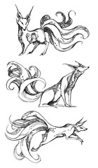 Line art of a nine-tailed fox with abstract decorative line and tone