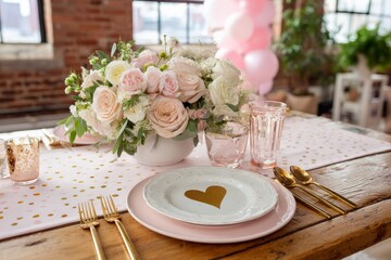 Fototapeta premium Elegant table setting for a special occasion with floral centerpiece and gold accents