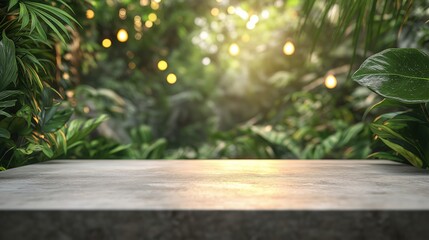 Empty concrete table with blurred green plants and lights in garden background, ideal for product display montage, backdrop design, and nature-inspired presentation with modern minimalist style