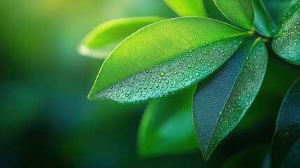 Fototapeta premium Close Up of Vibrant Green Leaves with Water Droplets in Natural Light