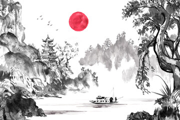Watercolor and ink painting of a calm mountain scene with a pagoda and red sun in oriental Chinese style.
