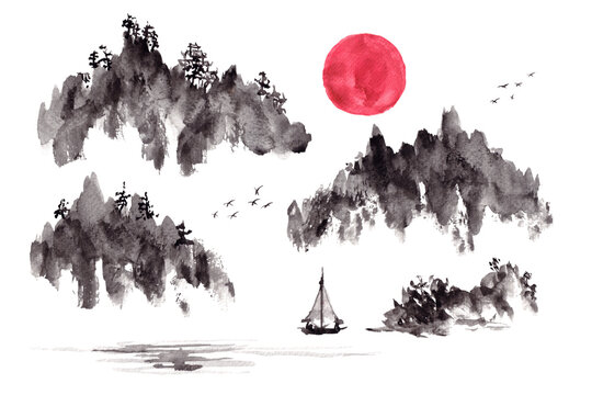  Watercolor and ink elements of mountains, a boat, and a red sun in oriental Chinese style.