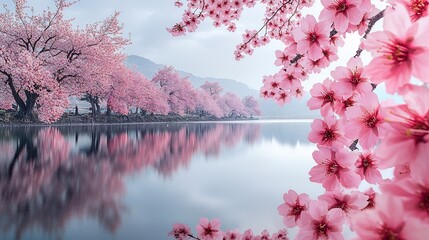 Fototapeta premium Peaceful cherry blossom landscape captured in wide angle early morning light reflecting beautifully in the calm waters soft pastel blossoms and sky polarizing filter to deepen colors no humans no text