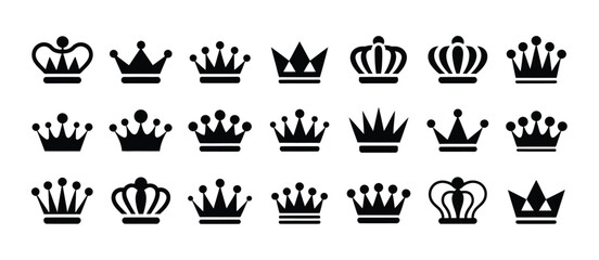 Collection of Twenty Black Crown Icons for Design