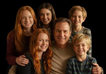 Fototapeta premium Happy father with his children posing for a family portrait on black