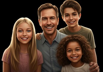 Obraz premium Happy family portrait of father, daughters, and son isolated on transparent background