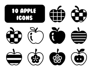 Cute Apple Icons Set, 10 Fun Black and White Apple Fruit Designs for Kids and Coloring Books