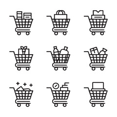 Shopping Cart with Products Icons Set. Shopping Cart Illustrations with Different Items
