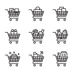 Shopping Cart with Products Icons Set. Shopping Cart Illustrations with Different Items
