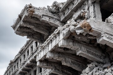 Damaged concrete structure showcases severe deterioration from weathering effects and natural elements in urban environment