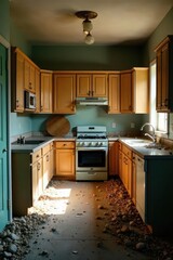 Demolition reveals outdated cabinets and flooring , cabinets, progress, remodel