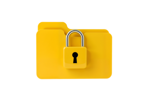 3D yellow folder with lock symbol, representing secure file storage and data privacy concept. Generative AI