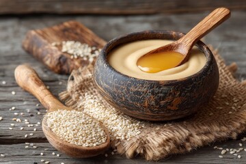 Creamy tahini served in a rustic wooden bowl with honey and sesame seeds on a wooden table
