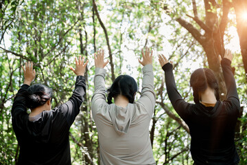 Grateful woman having HOPE praying to God. Spiritual girl smiling to sky. Happy female being thankful. Spiritual girl praying with hope. Positive Asian young woman feeling hope and faith looking up.