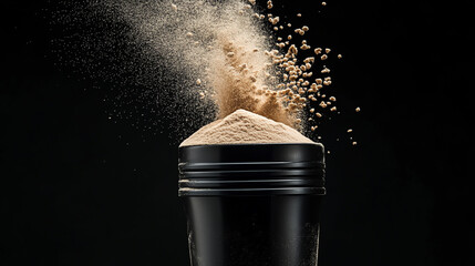 Close-up of sand falling from a gym powder protein shaker, isolated on a black background.
