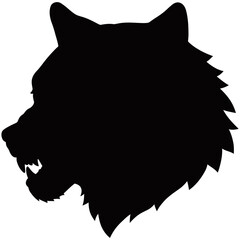 Bold black silhouette of a wolf's head in profile view, showcasing sharp ears, pronounced muzzle, and thick fur, creating a strong and wild visual symbol of strength and instinct.