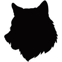 Bold black silhouette of a wolf's head in profile view, showcasing sharp ears, pronounced muzzle, and thick fur, creating a strong and wild visual symbol of strength and instinct.