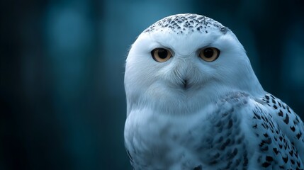 Fototapeta premium White Owl Staring Forward at Midnight with Moon Above in Dark Sky