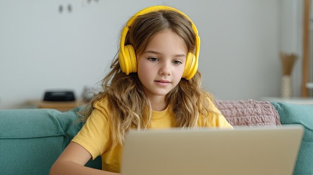 Young girl wearing yellow headphones using laptop for online learning while sitting on a sofa at home