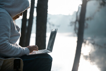 Future remote work combines technology nature smart phone enable e-learning productivity while...