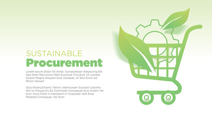 green shopping chart with gears and leaf for  sustainable procurement concept. clean coorporate screen size for print, presentation or web template vector illustration