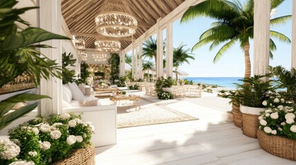 Fototapeta premium A luxurious beachfront lounge with tropical plants, elegant decor, and stunning ocean views under a thatched roof.