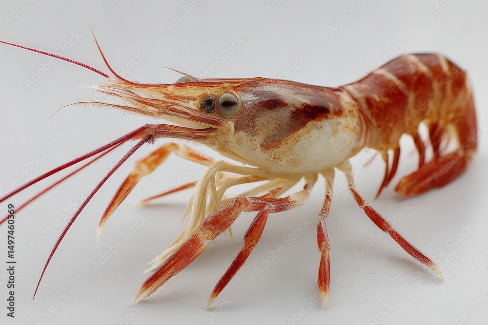 Poster shrimp displaying vibrant colors, captured in a close-up shot against a plain background
