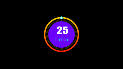 25 seconds digital clock countdown timer illustration. 3d countdown timer illustration, inside a 3d yellow and red circle on black background emergency timer countdown illustration.
