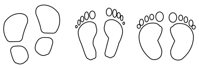 Set of human footprints icon. Foot imprint, footsteps icon collection. Human footprints silhouette. Barefoot, sneaker and shoes footstep icons
