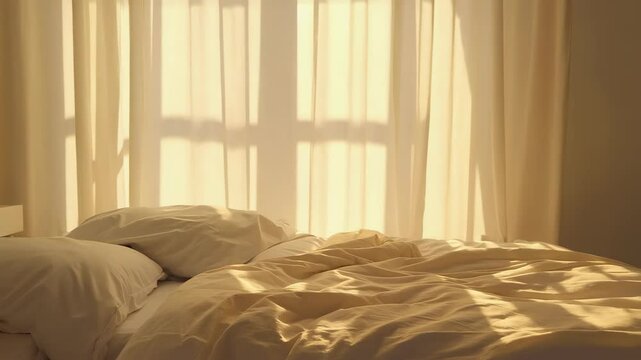 cozy morning sunlight streaming through window curtains onto bed scene with soft golden shadows peaceful calm home atmosphere
