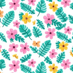 Colorful floral and leaf pattern with pink and yellow flowers and green leaves on a white background.