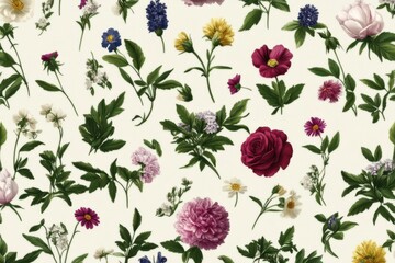 A seamless pattern of various colorful flowers and green leaves on a light background, creating a vintage botanical design.