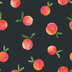 Vibrant watercolor pattern featuring peaches and leaves on a dark background