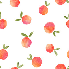 Fresh and vibrant watercolor pattern of small peaches with green leaves on a white background