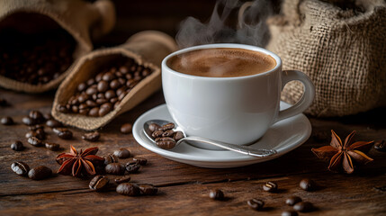 Steaming cup of coffee with beans and spices