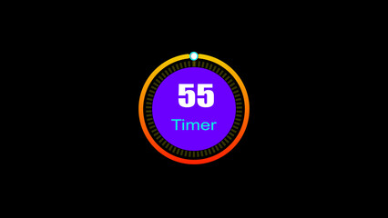 Naklejka premium 55 seconds digital clock countdown timer illustration. 3d countdown timer illustration, inside a 3d yellow and red circle on black background emergency timer countdown illustration.