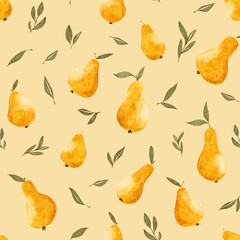 Colorful pattern featuring yellow pears and green leaves on a light background